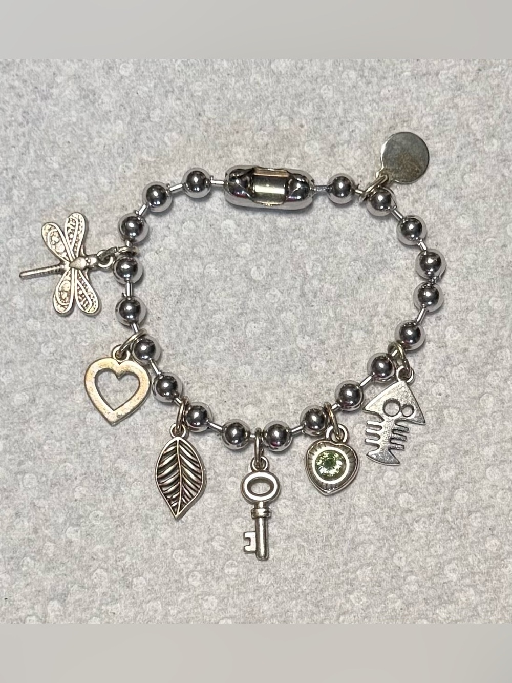 Silver Tone Beaded Charm Bracelet with Green Crystal Accent - Women Jewelry